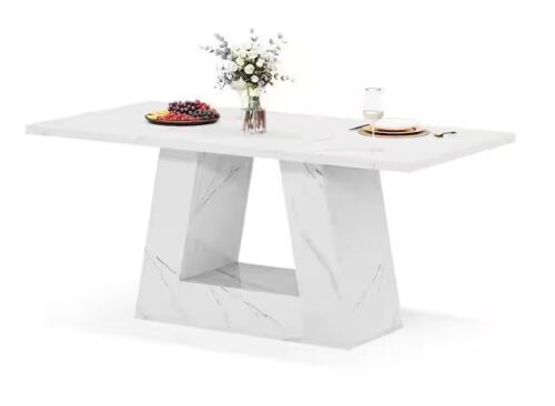 BYBLIGHT Roesler White Engineered Wood 63 in. Pedestal Dining Table Seats 4-6