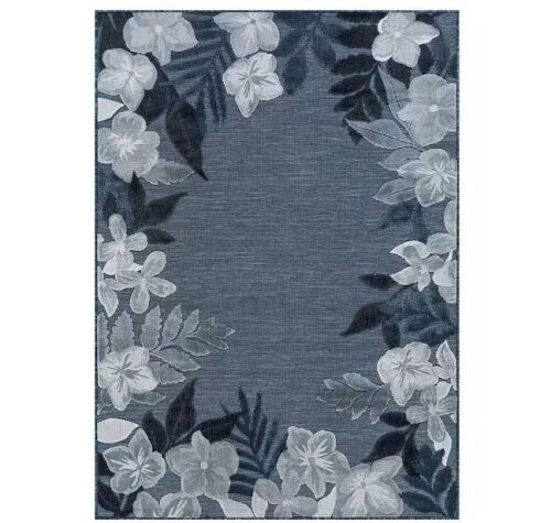 Beverly Rug Eden 10 ft. x 14 ft. Navy Washable Border Floral Indoor Outdoor Area Rug