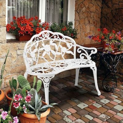 VINGLI 38.5W x 31H White Anti-Rust 2-seater Patio Metal Rose Bench