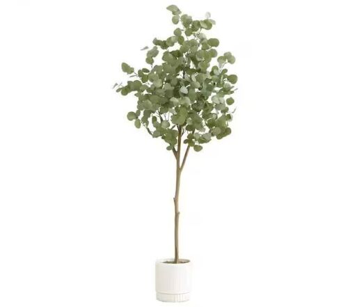Nearly Natural 72 in. Green Artificial Eucalyptus Tree in White Decorative Planter