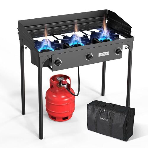 ROVSUN 3-Burner 225000 BTU Windproof Outdoor Camping Propane Stove with Bag