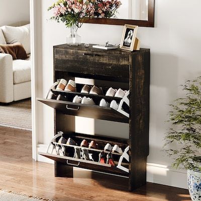 VINGLI 9.4D x 25W x 37H Shoe Cabinet Storage with 2 Flip and 1Drop-Down Drawers Rustic Oak