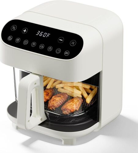 5 Quart Glass Air Fryer, Non Toxic & Uncoated High Borosilicate Glass Basket, 8 Preset Modes, PTFE/PFAS Free, BPA-Free, Dishwasher Safe, White