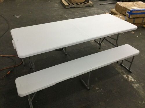 VINGLI 3 Piece White Folding Table Set with 2 Benches 1 6FT Table