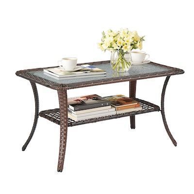 VINGLI 39W x 20H Outdoor Wicker Patio Coffee Table with Tempered Glass Top and Storage Brown