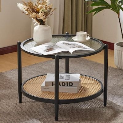 VINGLI 25.6W Round Coffee Table Rattan with 2-Tier and Water-Wave Glass Top for Living Room Black