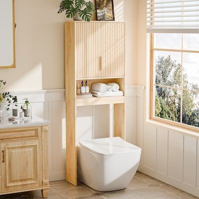 VINGLI 9.8D x 23.8W x 68.1H Over The Toilet Storage Cabinet with Fluted Doors and Adjustable Shelf Oak