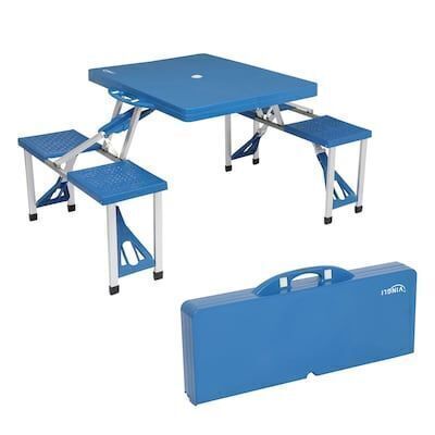 VINGLI 4 Ft Folding Lightweight Suitcase Card Table with 4 Seats and Umbrella Hole, 220 Lbs Support Aluminum Frame Blue