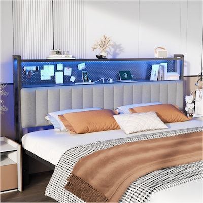 VINGLI Upholstered Headboard for King Size Bed Adjustable with 2-Tier Shelves Pegboard Led and Charging Station Dark Grey - Missing 2 Screws
