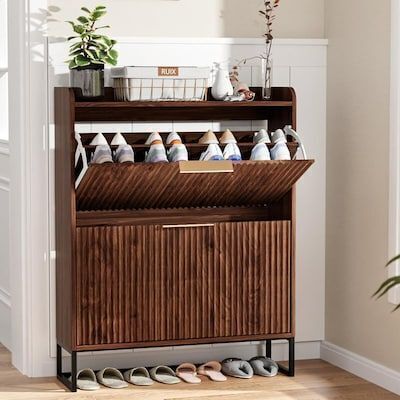2 Flip Drawers Walnut Fluted Door 31.5 inch W Shoe Cabinet