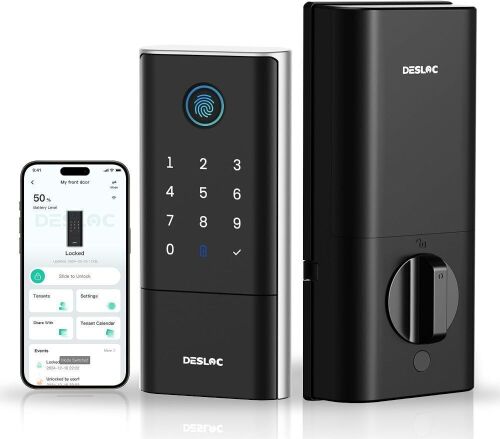 DESLOC Fingerprint WiFi Smart Lock, Rechargeable Keyless Entry Front Door Lock 15000mAh, APP Control, IP65, BHMA Grade3, 3D GPT Recognition, Auto lock, Black
