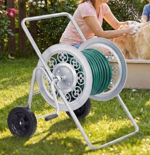 Silver Hose Reel Cart, 175FT Capacity Heavy Duty Steel Frame with Wheels & Easy-Wind Handle