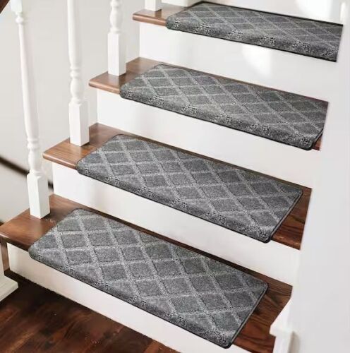 Diamond Trellis Gray 9.5 in. x 30 in. x 1.2 in. Bullnose Indoor Non-slip Carpet Stair Tread Cover Tape Free (Set of 14)
