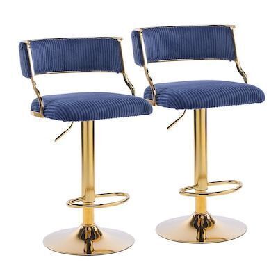 Corduroy Upholstered Adjustable Bar Stool with Gold Tone Base, 2 Pack