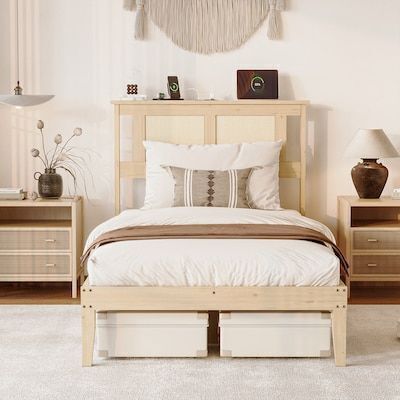 VINGLI Twin Size Bed Frame with Rattan Headboard Underbed Storage and Charging Ports