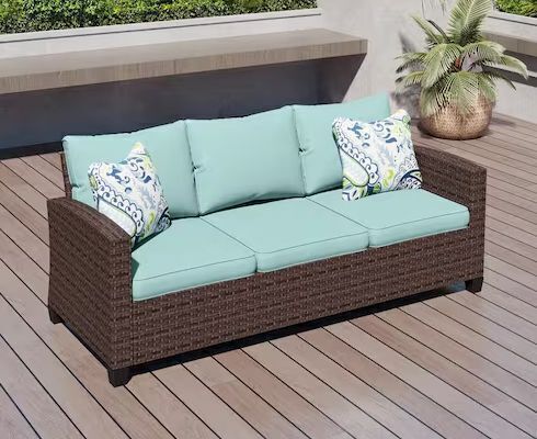 Dark Brown Rattan Wicker Outdoor Patio 3 Seat Sofa Couch with Blue Cushions