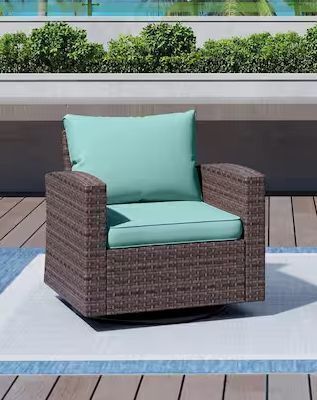 Dark Brown Rattan Wicker Outdoor Patio Swivel Chair with Blue Cushions