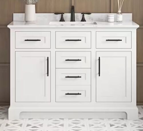 Home Decorators Collection Doveton 48 in. Single Sink Freestanding White Bath Vanity with White Engineered Marble Top - Small Chip in Top by Bowl Rim