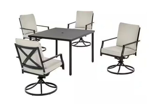 Hampton Bay Cookson Black 5-Piece Metal Outdoor Dining Set with Cushion Guard Putty Beige Cushion