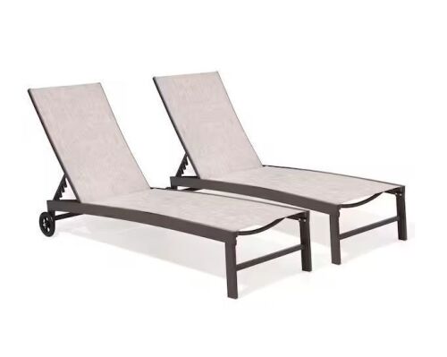 2-Piece Metal Adjustable Outdoor Chaise Lounge With Wheels in Beige
