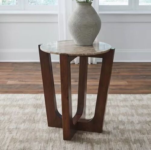 Signature DESIGN BY ASHLEY Tanidore 22 in. Brown Round Marble End Table