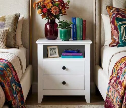 White Wooden Nightstand with 2 Drawers and Open Shelf, 19.7 L x 15.7 in. W x 21.7 in. H