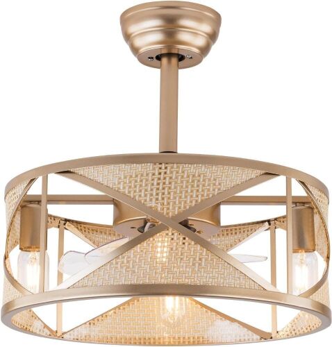 Rattan Caged Flush Mount Ceiling Fan with Light