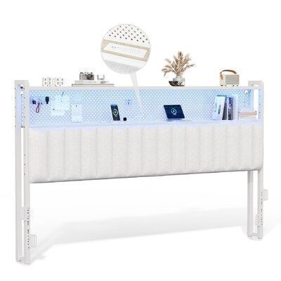 VINGLI King Size Upholstered Headboard with Storage Charging Stations and LED Lights 2 Tier Shelves and Pegboard White