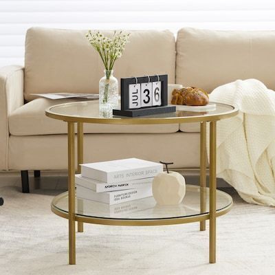 VINGLI 25.6-in W Round Glass Coffee Table with 2 Tiers Champagne Gold