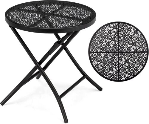 VINGLI Outdoor Folding Side Table with Chic Hollow Pattern and Durable, Rust-Resistant Coated Iron Patio Bistro Table Suitable for Indoor & Outdoor Porch, Deck, Balcony and Pool,Black