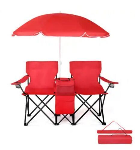 Folding Beach Chairs with Umbrella, 2-Camping Chairs with Canopy, Cooler Fold-Up Table, Carrying Bag for Adults Outdoor