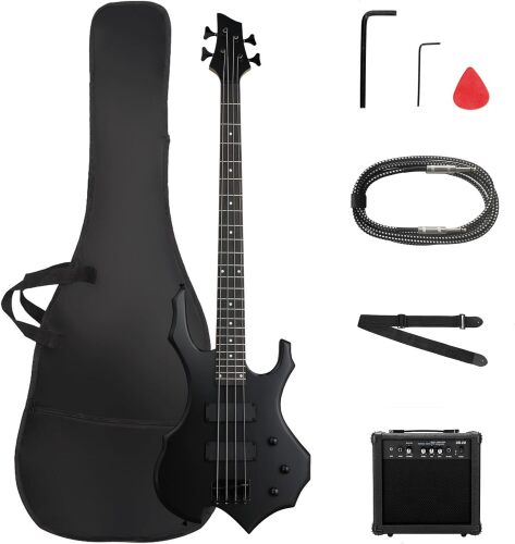 Ktaxon Electric Bass Guitar Full Size Flame Design Bass Guitar Kit (Matte) | Full Equipment with 20 Watt Amplifier, Portable Bass Bag, Superior Amp Wire, Adjustable Guitar Strap, Plectrum & Wrench Tool