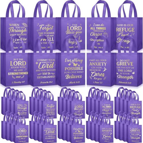 50 Pack Christian Gift Bags Bulk, Reusable Non Woven Bible Verse Tote with Handles, Religious Scripture Blessing Bag