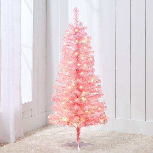 4ft Prelit Colored Christmas Tree Artificial Tree Holiday Decor w/ LED Lights - Light Pink Tinsel