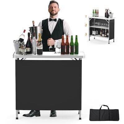 VINGLI 39-in W 3-tier Shelves Black Portable Bar Table for Events Party Camping Picnic Tradeshow Indoor with Black Skirt
