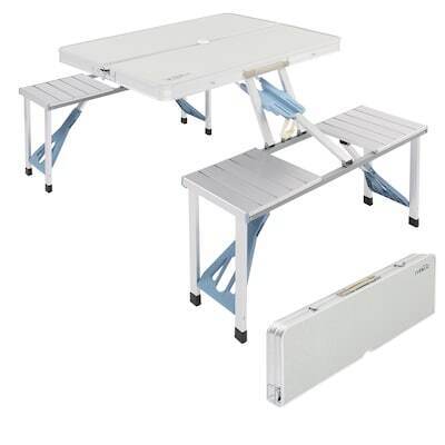 VINGLI 4FT 265 Lbs Support Folding Camping Picnic Table with Seats and Umbrella Hole.Fold Up Card Suitcase Table with Aluminum Alloy Frame White