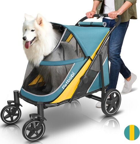 Petbobi Dog Stroller for Large & Medium Dogs - Easy Fold Dual Entry Pet Stroller with One-Foot Brake, All Terrain Wagon Cart with Air Mesh, Ideal for Large Senior Pets up to 80 lbs, Green | One-Hand Fold, One-Foot Brake, All Terrain 360 Swivel Front Whee