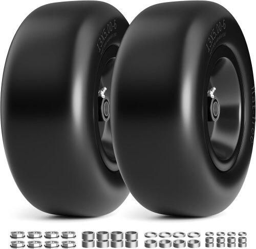 RONPOW 13x5.00-6 Flat Free Lawn Mower Tires and Wheel, for Zero Turn Mower | Universal 3/4", 5/8", 1/2" Bearings, 500 lbs Load, 4.33"-6.73" Hub Spacers, Solid Front Caster Replacement, 2-Pack Black