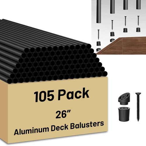 105 Pack 26 inch Aluminum Balusters for Deck Railing, Black Round Metal Spindles for Staircase