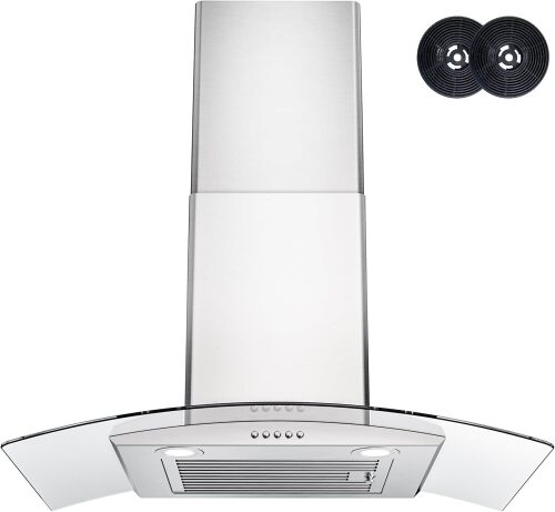 Range Hood 30 Inch, FIREGAS Ducted/Ductless Convertible Wall Mount Range Hood with Tempered Glass, 3 Speed Fan, 400CFM, Button Control, LED Light, Stainless Steel Filters, include 2 Charcoal Filters