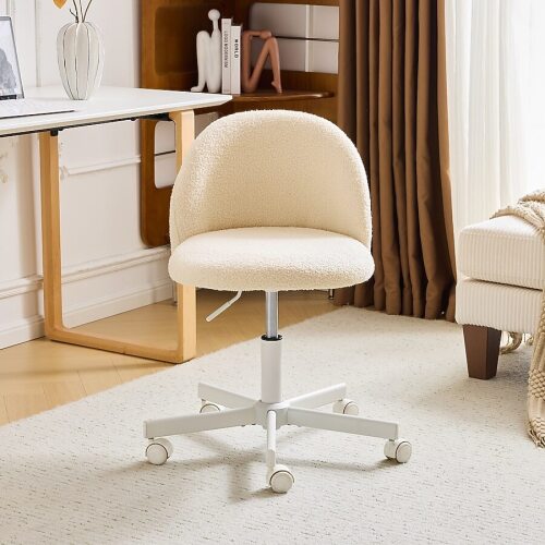 VINGLI Comfy Small Office Candy Chair with Wheels/Teddy Adjustable Rolling Swivel Computer Task Chair for Home Office Creamy Beige ***Missing 1 Wheel***