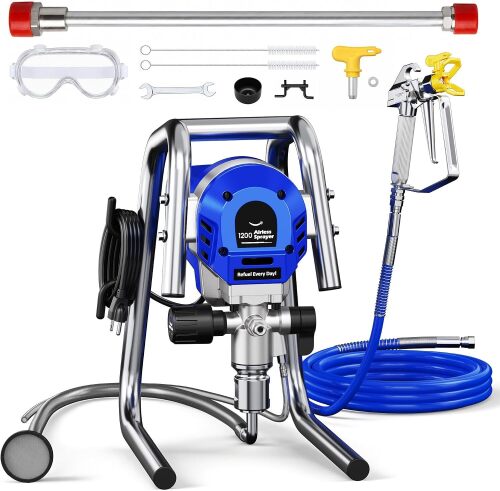 1200W Airless Paint Sprayer, 3300PSI High Efficiency Electric Paint Sprayer with Extension Rod, Thinning-Free Stand Airless Sprayer for Home Exterior and Interior, Garage, Deck, Furniture