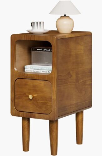 Narrow Nightstand, Solid Wood Night Stand with Drawers, Walnut Mid Century Modern Nightstand, Small Bedside Table with Open Storage Shelf for Bedroom (10 Inch)