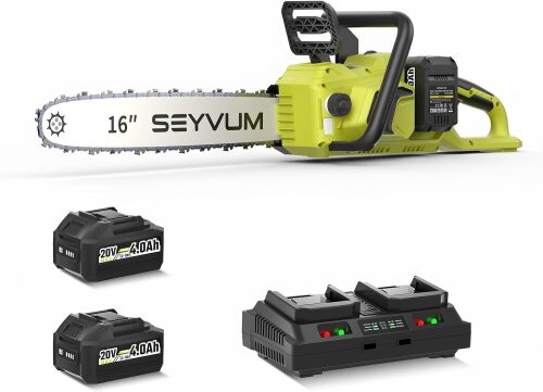 SEYVUM Chainsaw 40V Cordless 16 In with 2 x 4.0Ah Battery for Wood Cutting | Electric Chain Saw with Tool-free Chain Tension, Auto Oiling, Heavy-Duty for Tree Felling, Firewood Cutting, Pruning