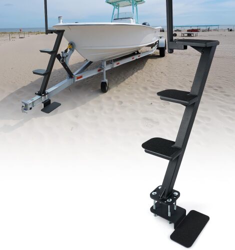 Boat Trailer Steps, Heavy-Duty Trailer Tongue Steps with Handle | Fits 3" x 3" & 3" x 5", 450lbs Capacity (4 Step, Standard Tread)