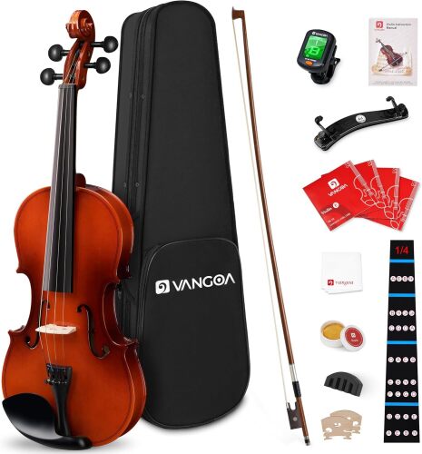 Vangoa 1/4 Violin Fiddle, Quarter Size for Beginners | All accessories included: case, rosin, tuner, mute, shoulder rest, strings. Finger guide sticker aids learning