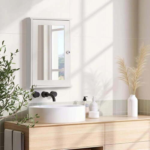 VINGLI Bathroom Wall Cabinet Wall Mount Mirrored Medicine Cabinet with Mirror Storage Organizer with Single Mirror Door and 2 Adjustable Shelves White