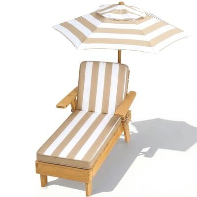 Winado Kids Outdoor Wooden Chaise Lounge with Umbrella and Brown and White Striped Cushion
