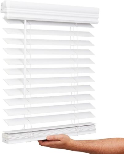 Lotus & Windoware 2" Embossed Faux Wood Blind, 35" x 60", Bright White | 2-Inch Embossed Faux Wood Blind, 35" x 60", Bright White, cordless light control, inside/outside mount, living room, bedroom