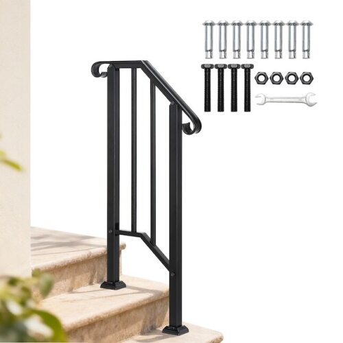 VINGLI 1 Step Outdoor All-Weather Stair Railing with Installation Kit for Concrete or Wooden Stairs Black